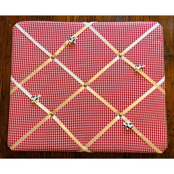 Red Gingham Photo Fabric Notice / Pin / Memory / Memo Board with Cow Clips - Picture 1 of 7